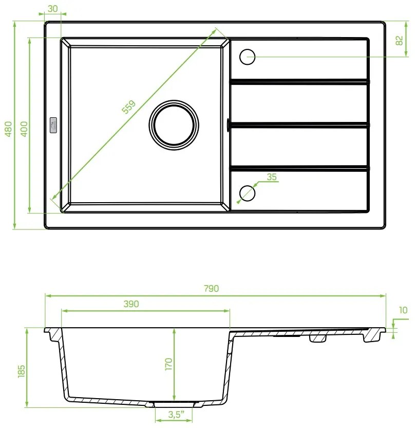 Laveo Trzynastka, 1 kamrás gránit mosogató 790x480x185 mm, szürke, LAV-SBP_511T