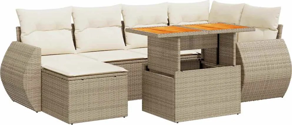 vidaXL 7 részes bézs polyrattan kerti ülőgarnitúra párnákkal