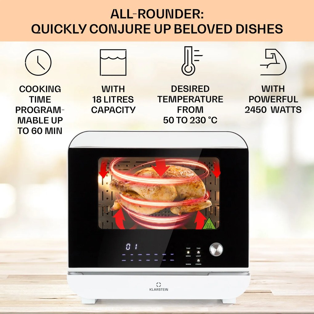 Klarstein Vita Pro, forrólevegős fritőz gőzfőzéssel, 2450 W, 18 l, 14 program, 800 ml víztartály