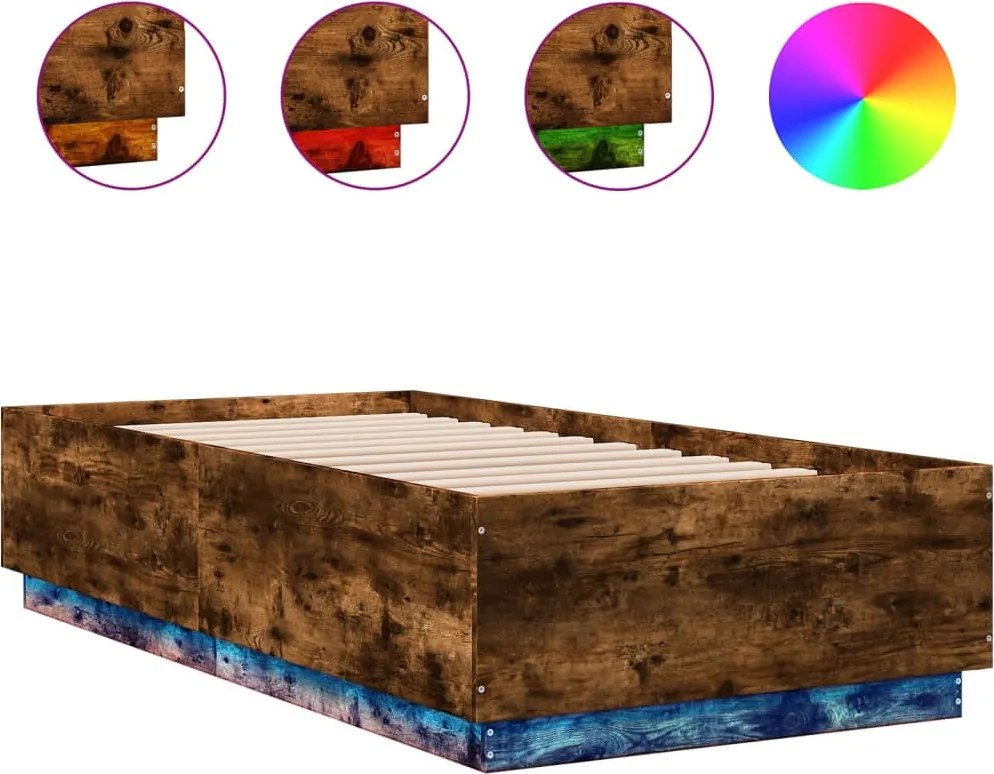 vidaXL füstös tölgy színű szerelt fa ágykeret LED-del 90 x 190 cm
