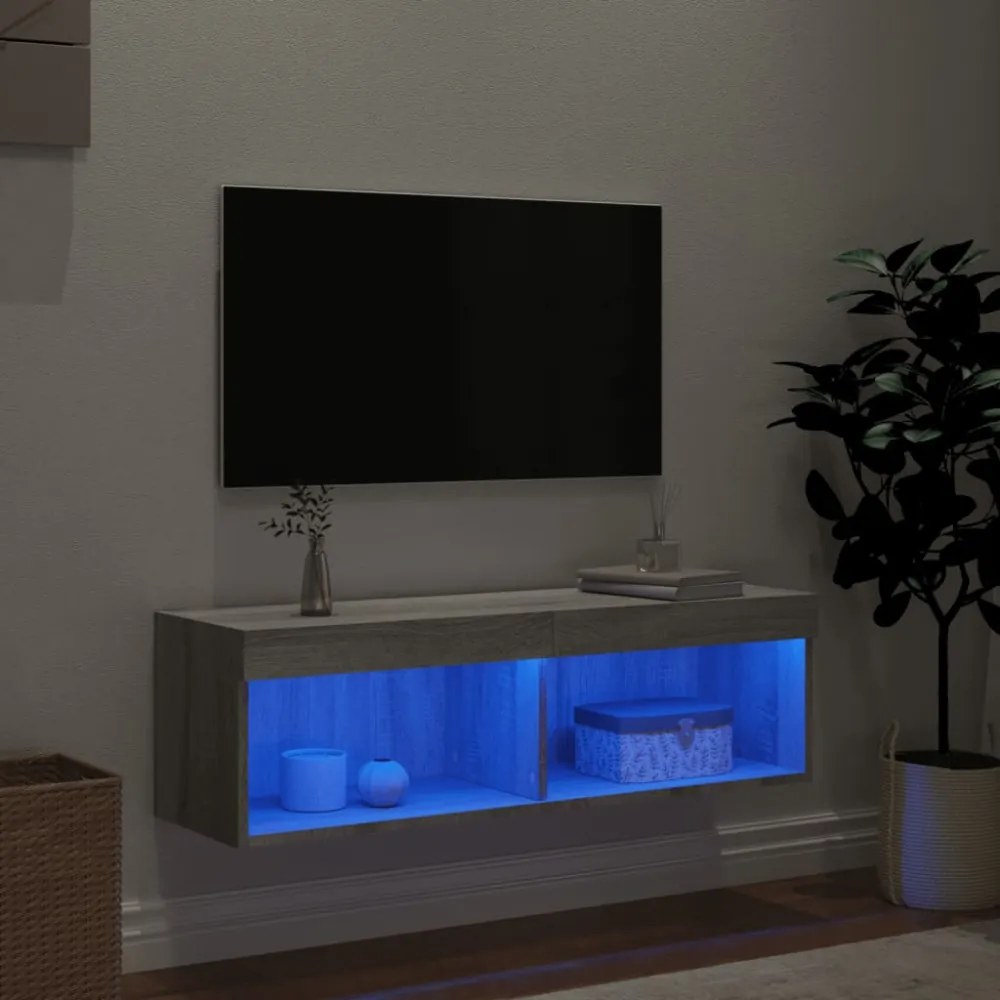 szürke sonoma színű TV-szekrény LED-világítással 100x30x30 cm