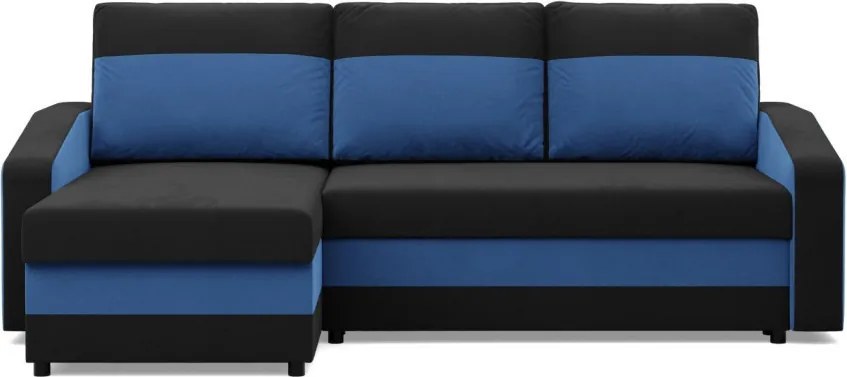 Hewlet sarokkanapé, 2 ágyneműtartóval, szövet anyag, univerzális oldal, hab töltet, fekete - kék