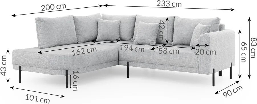 Világosszürke zsenília sarokkanapé (bal oldali-L alakú) Mauris – Ropez
