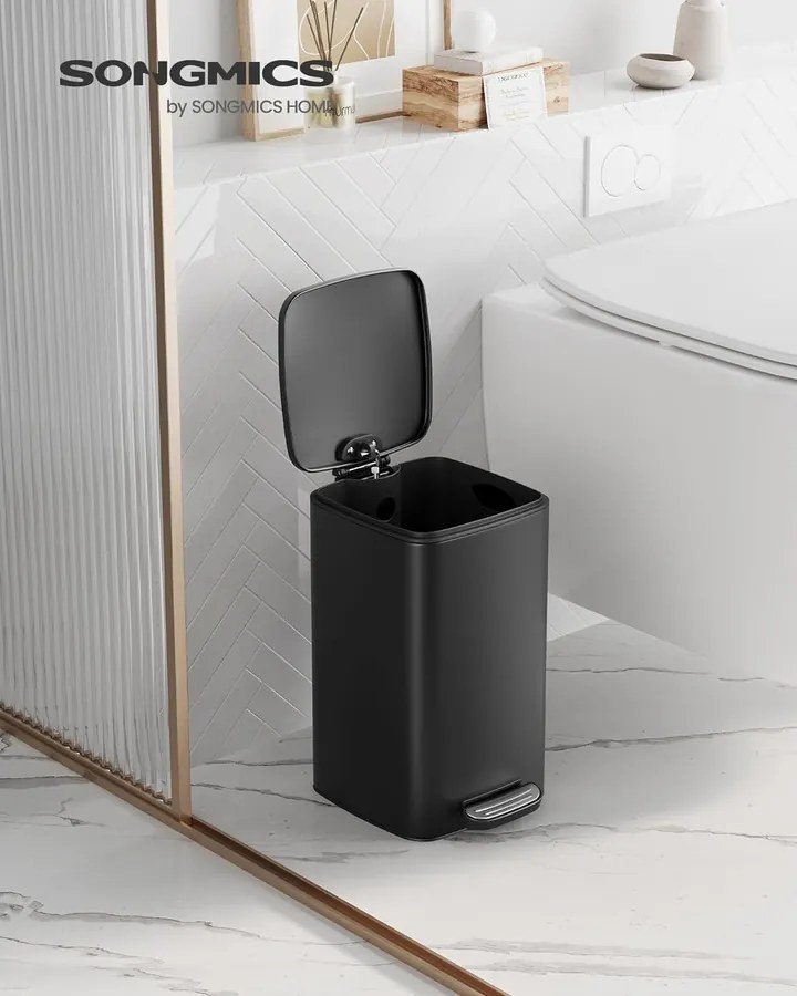 Fürdőszobai szemetes tetővel, 8L, kis helyekre, Soft Close, acél, fekete