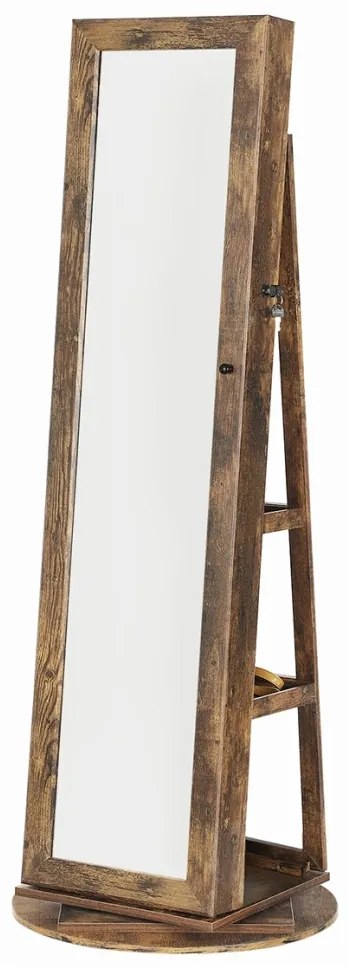 Álló ékszerszekrény, 360°-ban forgatható, zárható, tükörrel, rusztikus barna 162x55x55cm