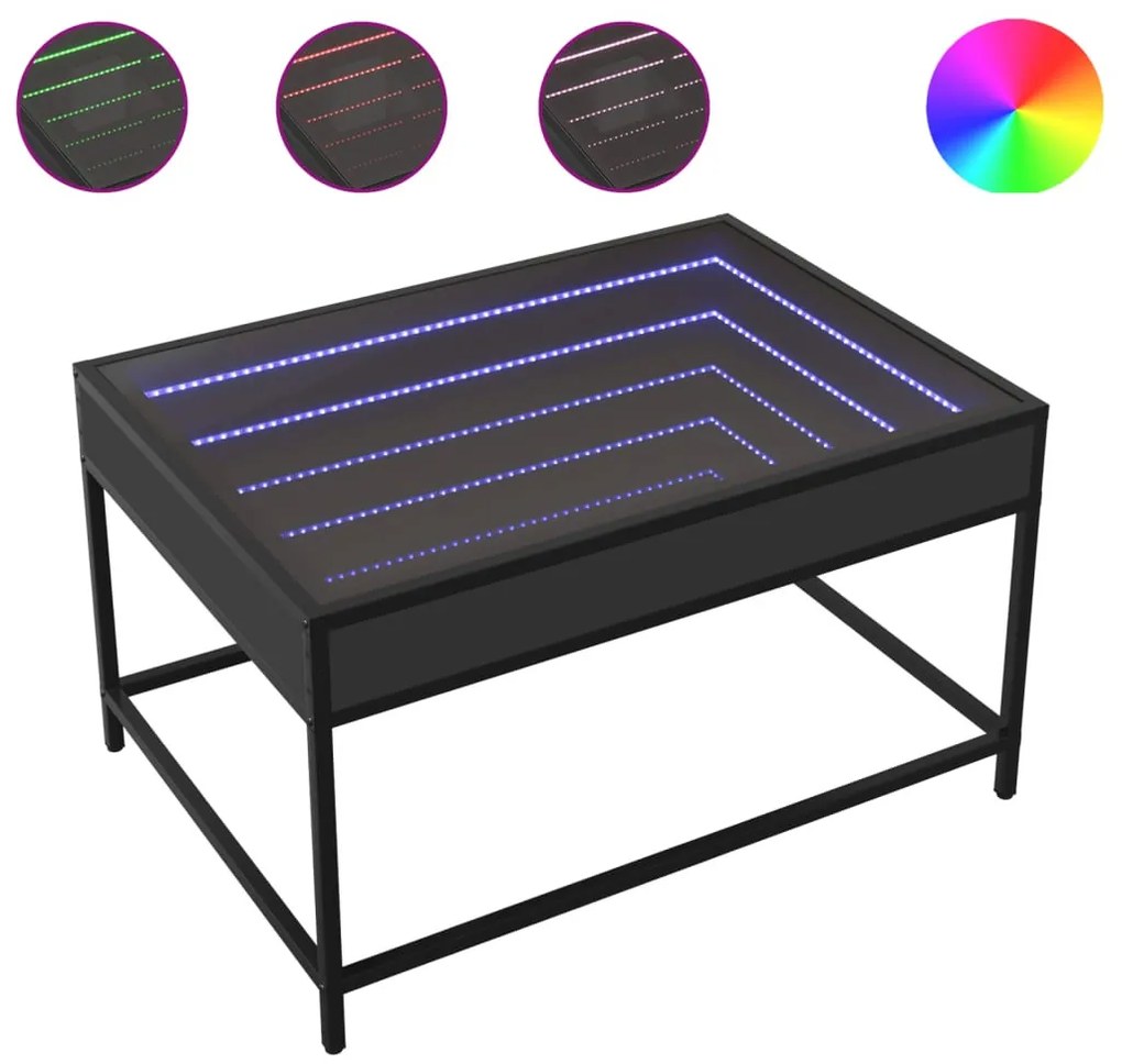 Fekete végtelen hatású LED-es dohányzóasztal 70 x 50 x 41 cm