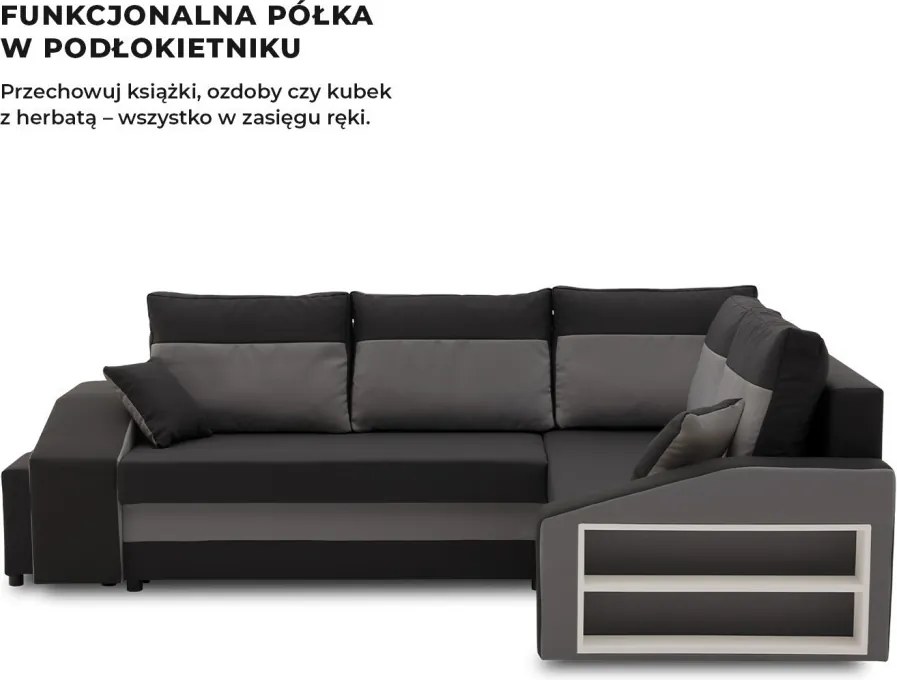 Grande sarokkanapé polcokkal és puffokkal , polc a jobb karfaban puffok a bal karfaban, jobboldali, szövet anyag, hab töltet, fekete - szürke