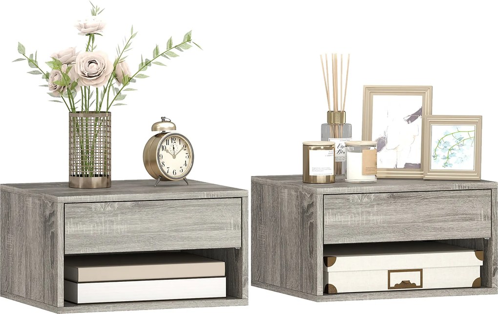 HOMCOM 2 db lebegő fali éjjeliszekrény, kihúzható fiók és nyitott polc, szürke — 37 x 32 x 21 cm | Aosom