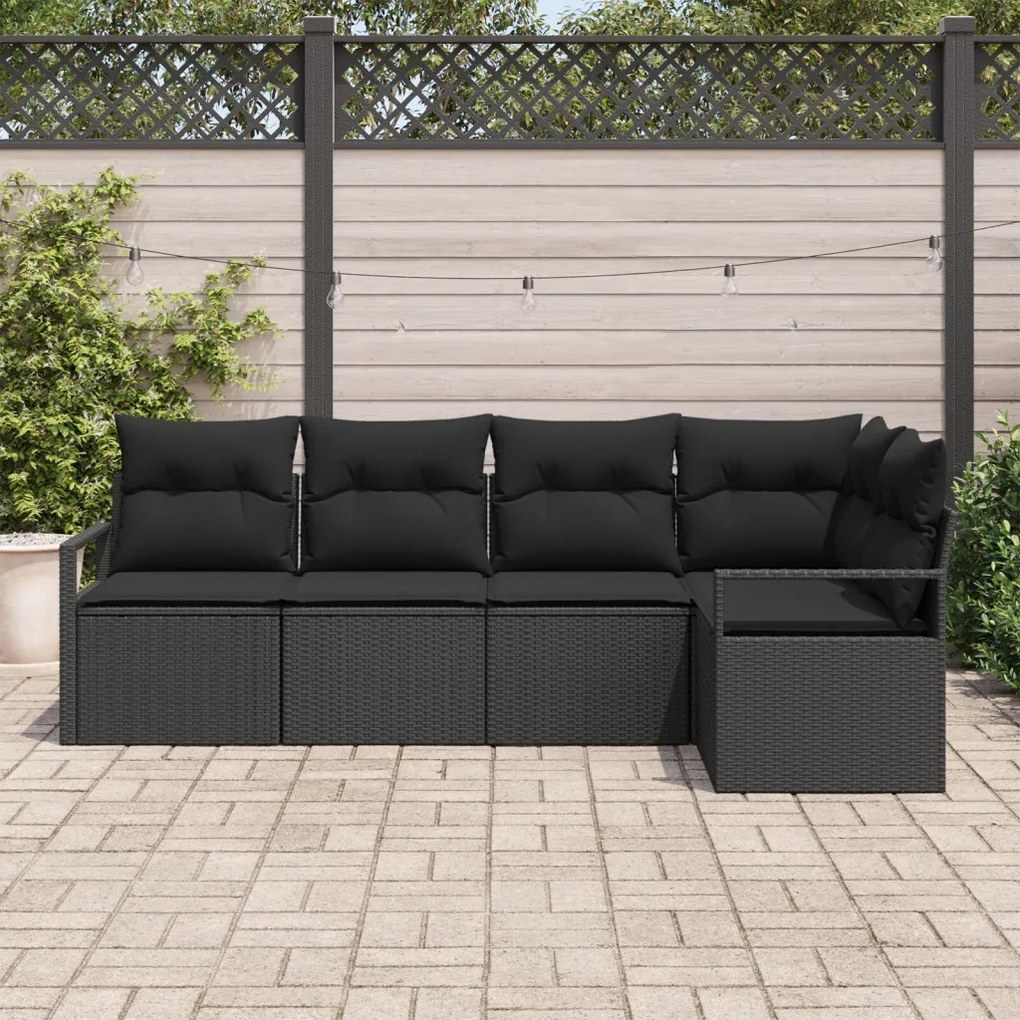 5 darabos kert kanapé szett párnákkal fekete poli rattan, 2 személyes kert kanapé párnákkal fekete poli rattan