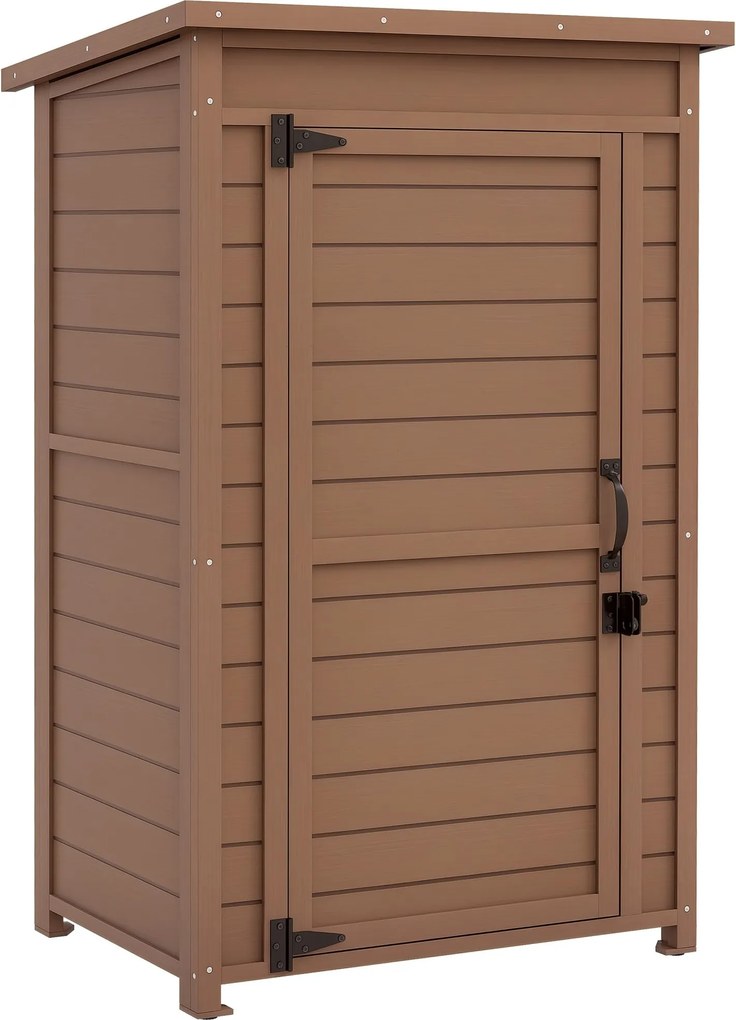 Outsunny Kültéri Szekrény Állítható Polccal és Dőlt Tetővel, Kert Fa Szekrény Zárral, 75x56x117cm, Barna | Aosom