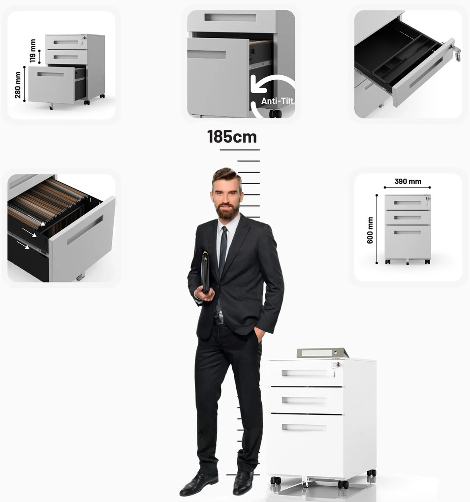 Fém gurulós konténer íróasztal alá KATE 390 x 600 x 500 mm, fehér