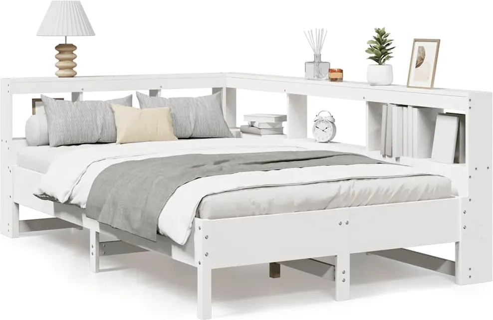 vidaXL fehér tömör fenyőfa könyvespolcos ágy matrac nélkül 120x190 cm