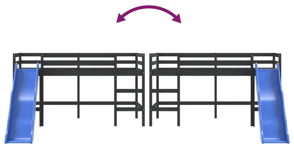 fekete tömör fenyőfa gyerek galériaágy csúszdával 80 x 200 cm