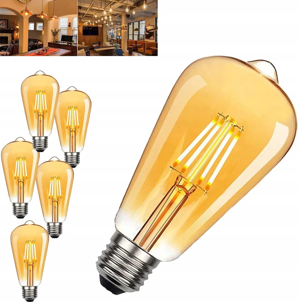 6X Led izzó E27 Filament 4W meleg 2700K Edison Retro Dekoratív Izzó
