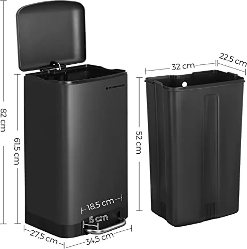 Konyhai szemetes, 30 literes , acélpedálos kuka fedéllel és belső vödörrel,  fekete