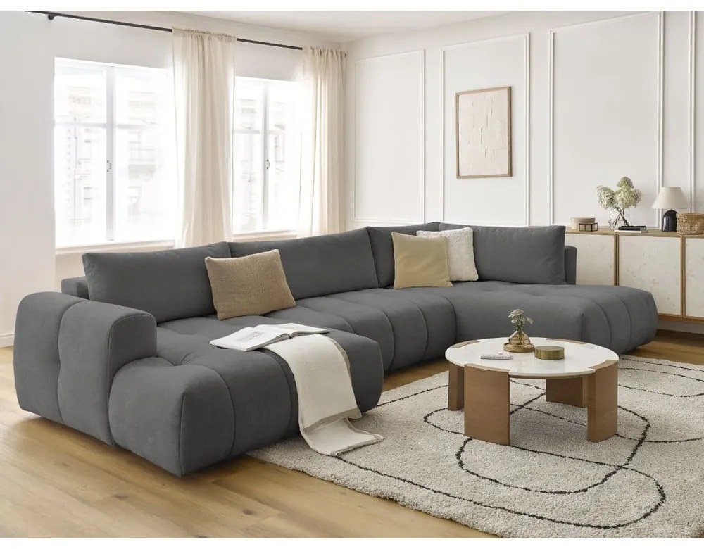 Sötétszürke kinyitható-tárolóhelyes sarokkanapé (jobb oldali-U alakú) Fuji – Bobochic Paris