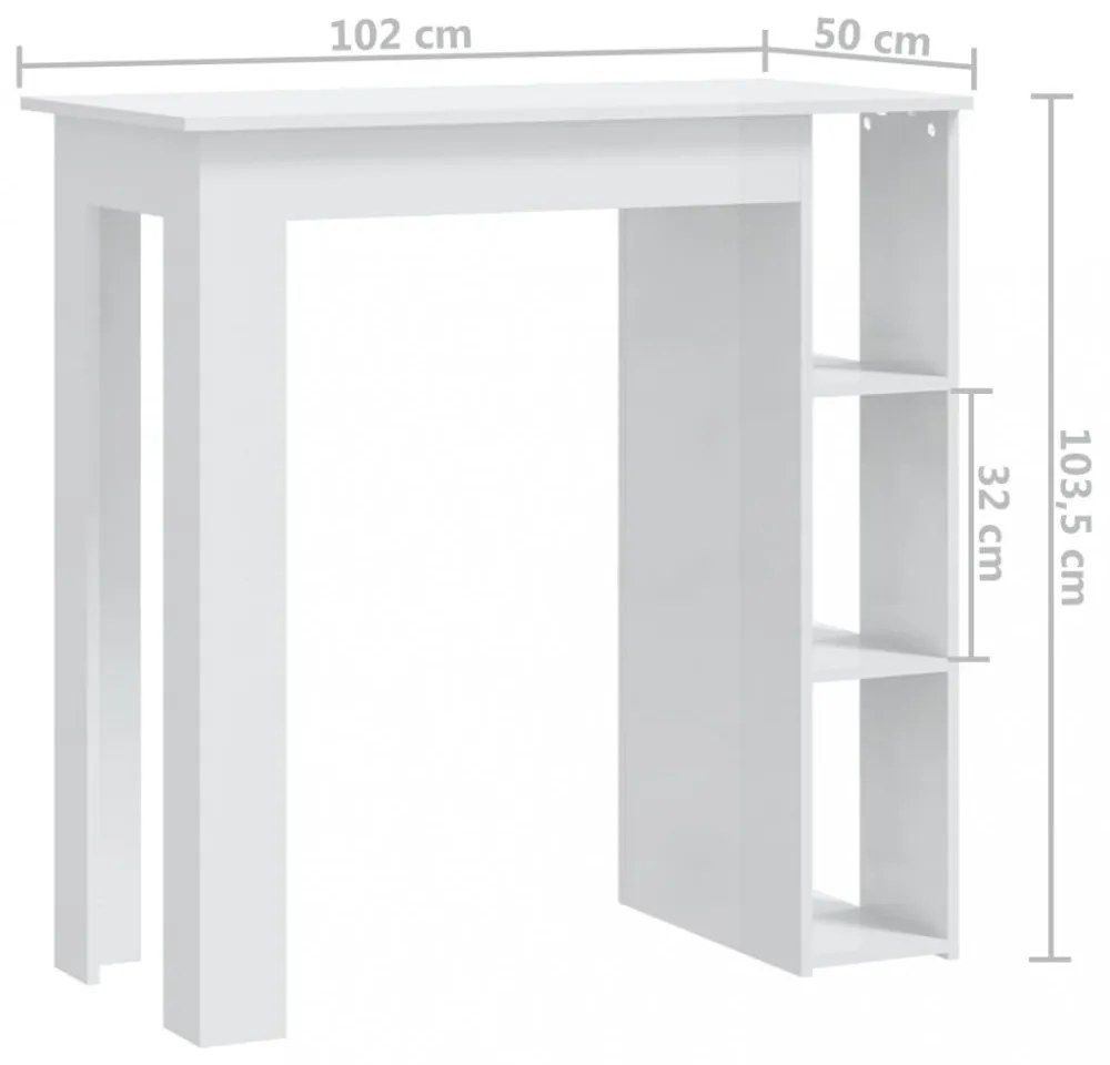 magasfényű fehér szerelt fa bárasztal polccal 102x50x103,5 cm