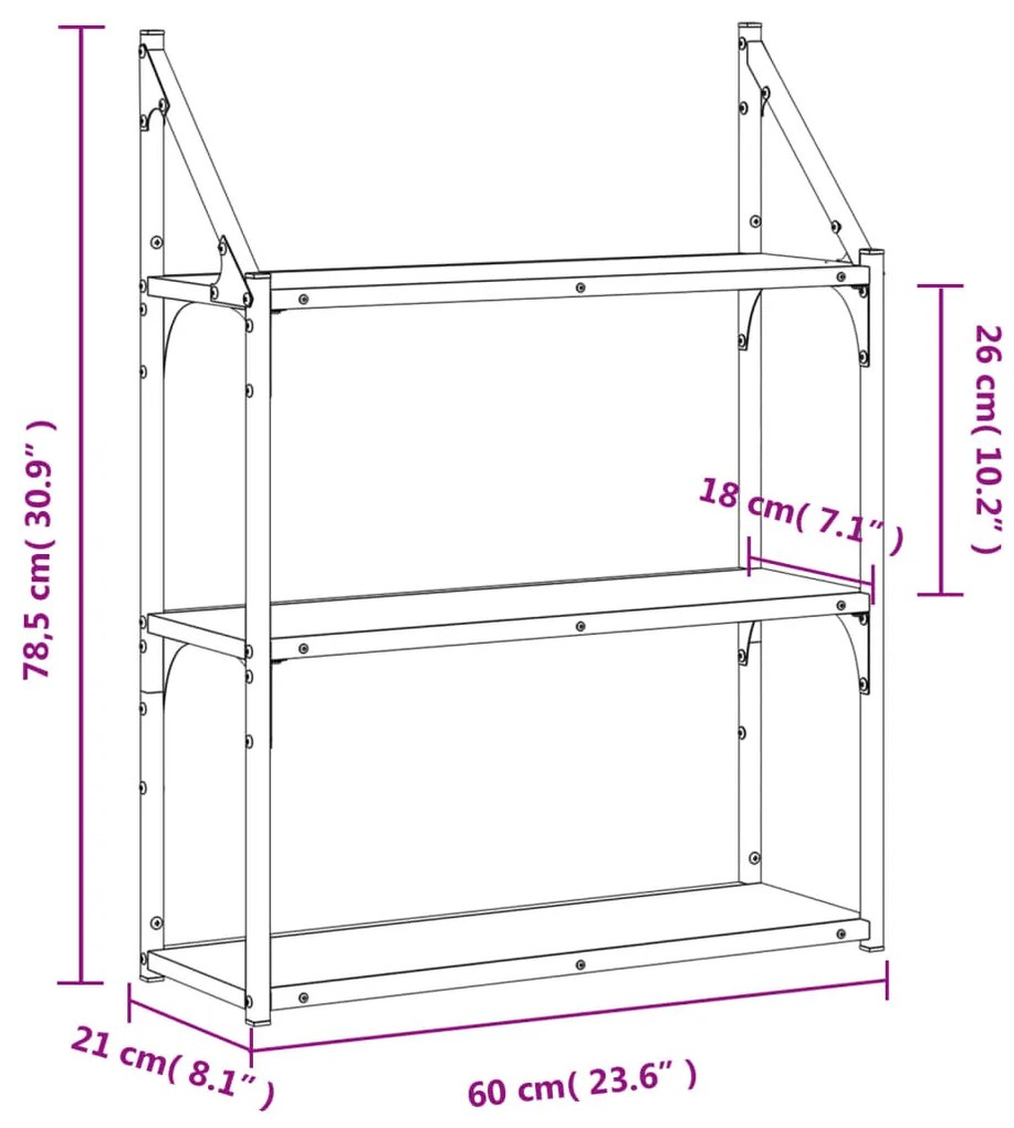 3 szintes szürke sonoma színű szerelt fa fali polc 60x21x78,5cm