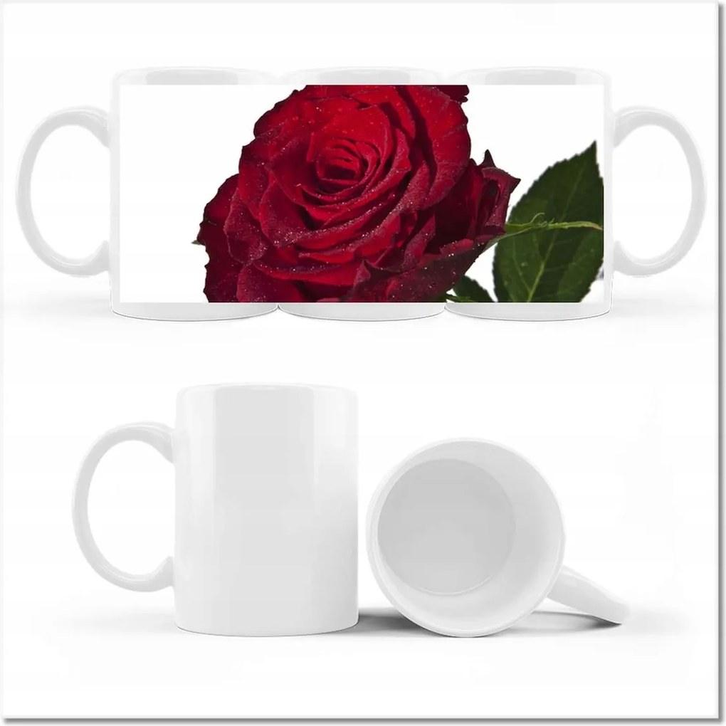 Fényképes bögre Vörös rózsa fehér alapon