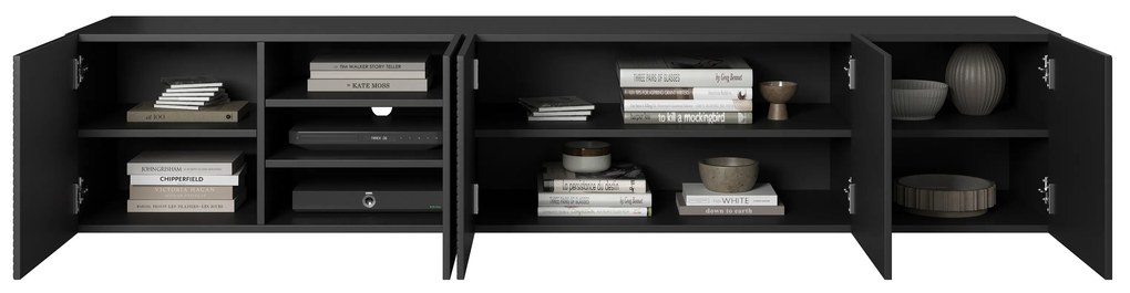 Asha falra szerelhető TV szekrény 200 cm, bordázott előlap - matt fekete