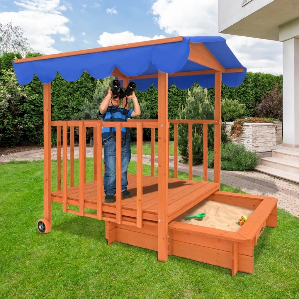 HAPPY verandás homokozó, 130x130x143cm, barna/kék Jurhan