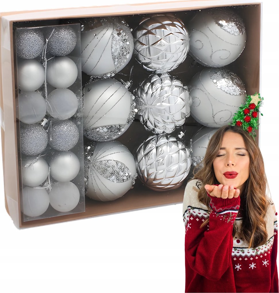Ezüst színű karácsonyfadísz szett, 33 darab, különböző méretek és minták