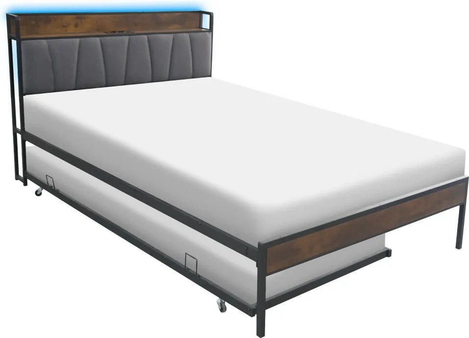 Ágy ágyráccsal és kihúzható pótággyal, 140x200, fekete/szürke, NORDO