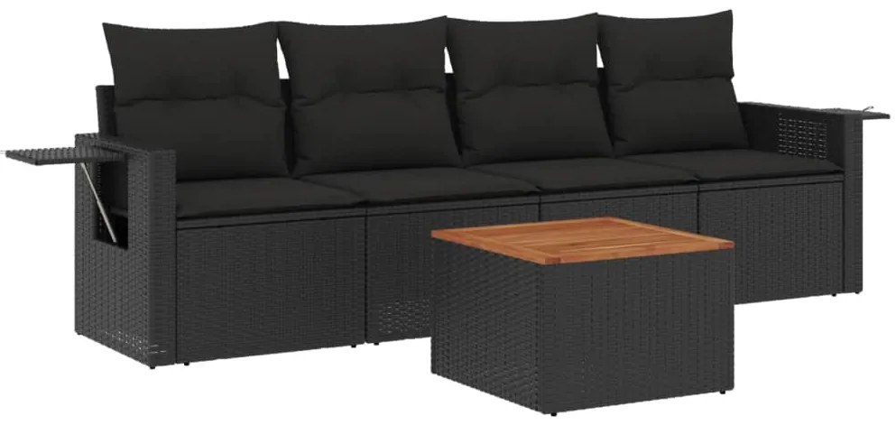 5 részes fekete polyrattan kerti kanapészett párnákkal