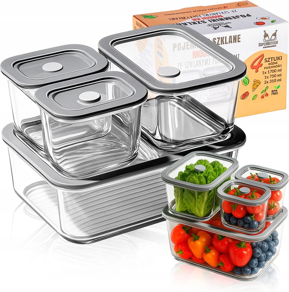 4x Üveg Uzsonnás Doboz Modular Felvágott Élelmiszerekhez Sütemény Fedéllel Szeleppel