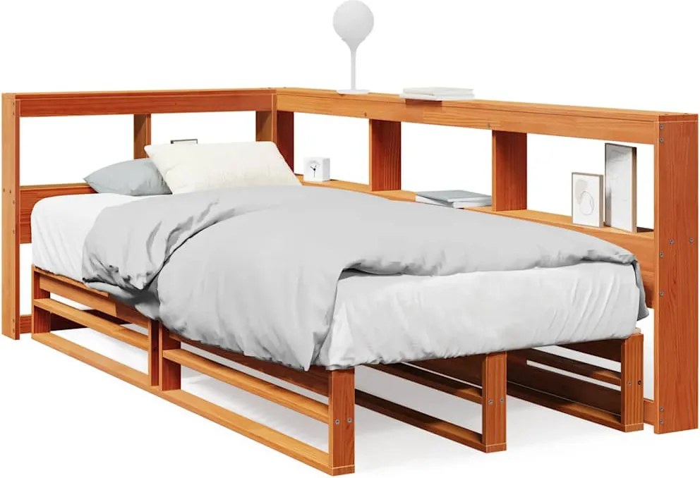 vidaXL barna tömör fenyőfa könyvespolcos ágy matrac nélkül 75 x 190 cm
