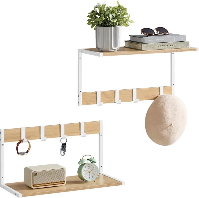 Lebegő polcok, falra szerelhető akasztós polcok, tölgy fehér
