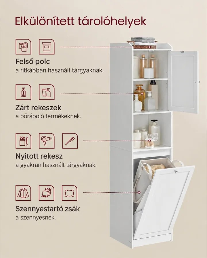 170 cm Magas fürdőszobai szekrény szennyeskosárral, tárolóegységgel, felhőfehér