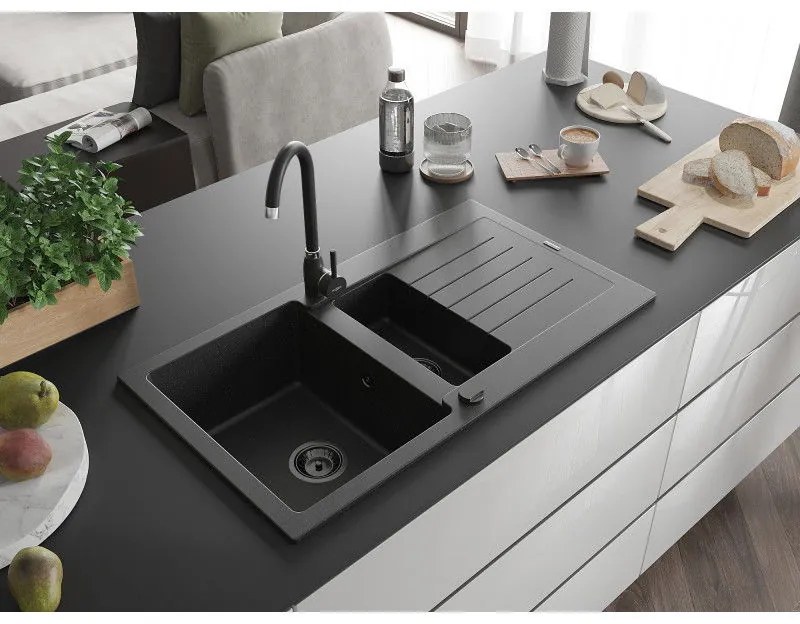 Mexen Matias, gránit mosogató 900x505x200 mm, 1,5 kamrás és fekete Telma csaptelep, fekete-ezüst metál, 6502-73-670200-70-B