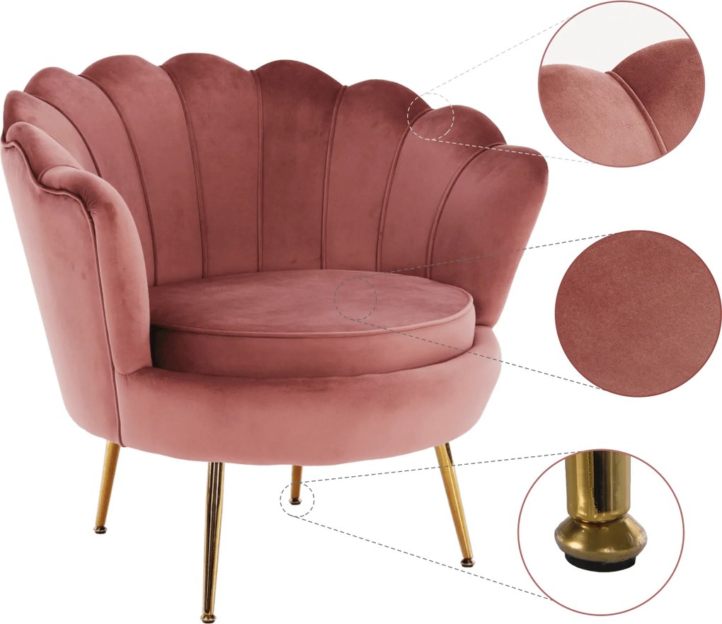 Fotel Art-deco stílusban, rózsaszín Velvet anyag/gold króm-arany, NOBLIN