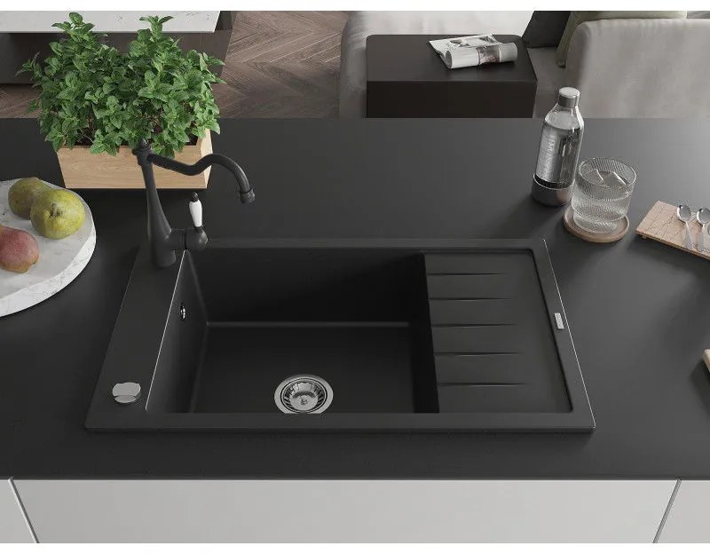 Mexen Elias, gránit mosogató 795x480x200 mm, 1 kamrás és mosogató csaptelep Carla, fekete, 6511-77-670700-70