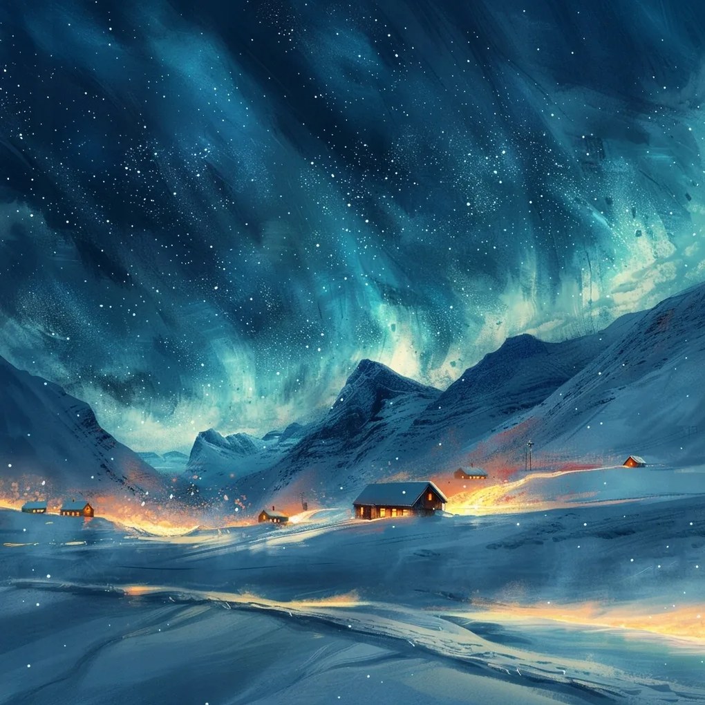 Vászonkép Canvas Tájkép Éjszaka Északi Fény Tél Hó Hegyek 80x80