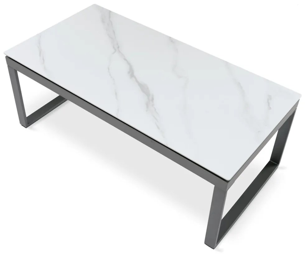 Măsuță de cafea din ceramică cu efect de marmură albă și picioare metalice gri. Dimensiuni: 120x60cm. AHG-284