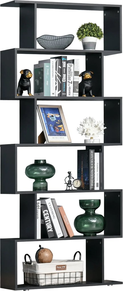 HOMCOM S alakú Könyvespolc 6 Polccal 80x24x191 cm Fekete | Aosom