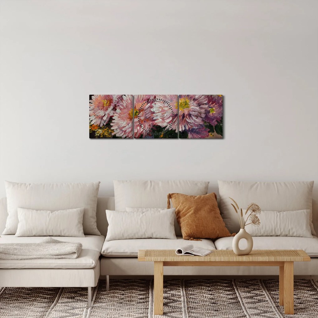 Kép - olajfestmény, virágok a vázában (órával) (90x30 cm)