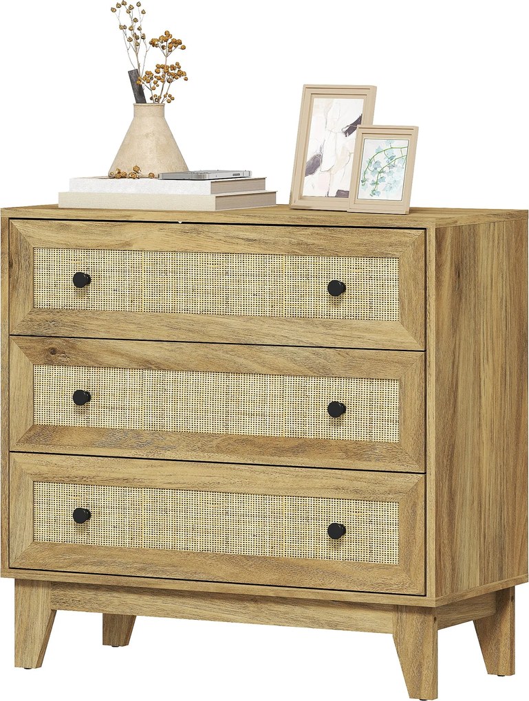 HOMCOM Keskeny Fiókos Széke 3 Fiókkal Rattan Elemmel és Emelt Talppal 80x35x76 cm Természetes | Aosom