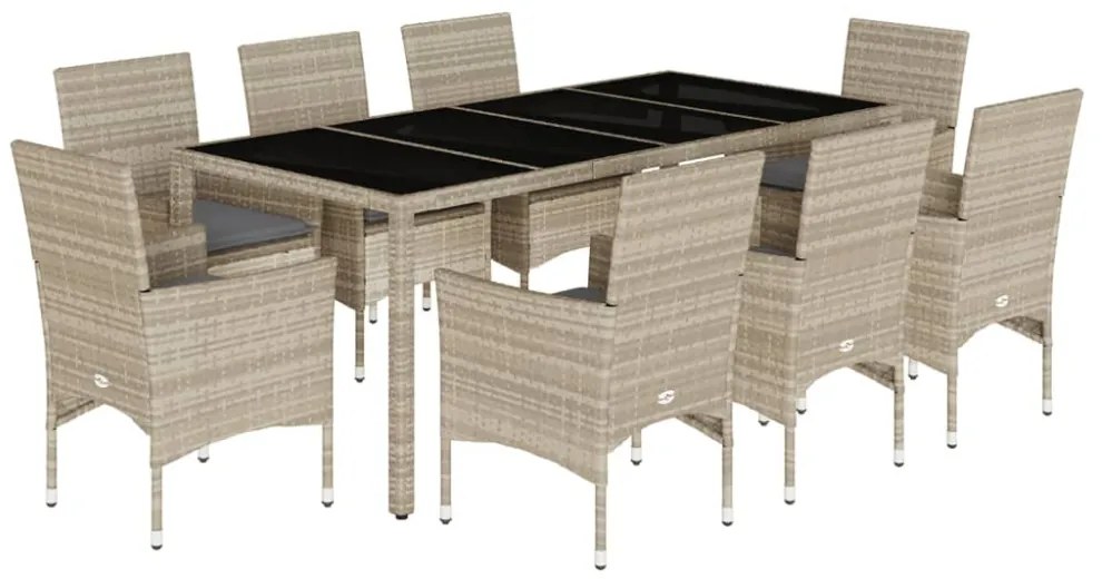 9 részes szürke polyrattan/üveg kerti étkezőgarnitúra párnákkal