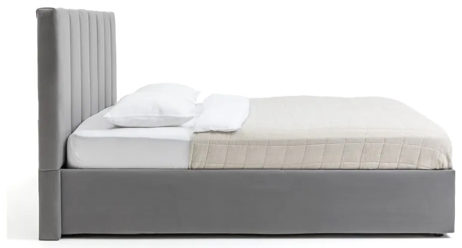 Szürke kárpitozott ágyneműtartós franciaágy ágyráccsal 180x200 cm Thessa Bold Line – Bonami Selection