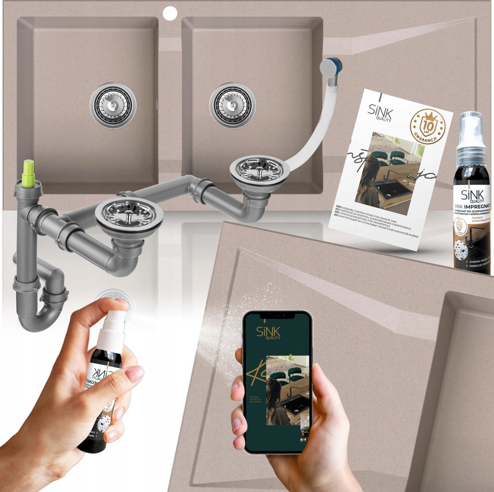 Mosogató Gránit mosogató Bézs 2 kamrás csepegtetővel 120x50 szekrény 80