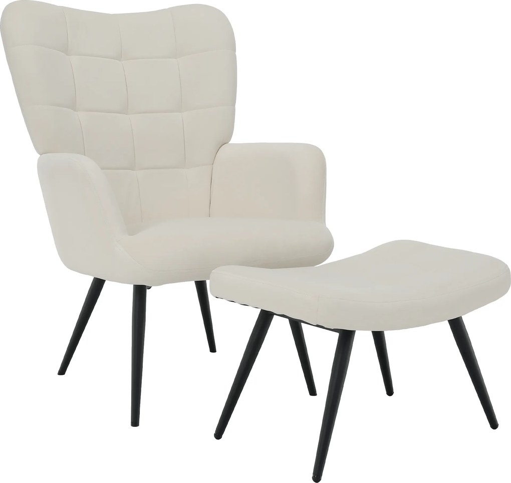 Fotel lábtartóval, fehér Velvet szövet/fekete, HABEN