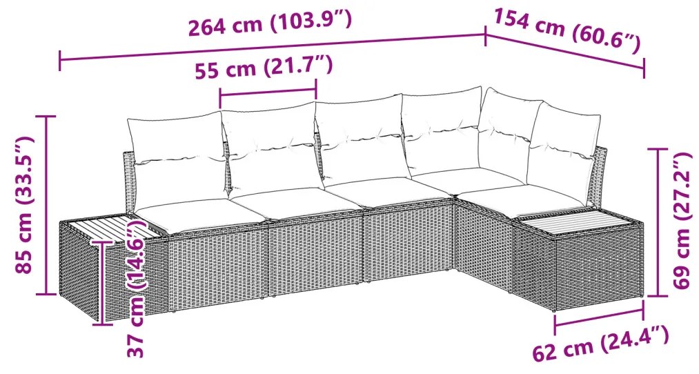 5 részes kerti kanapé szett párnákkal, fekete, poli rattan, akácia