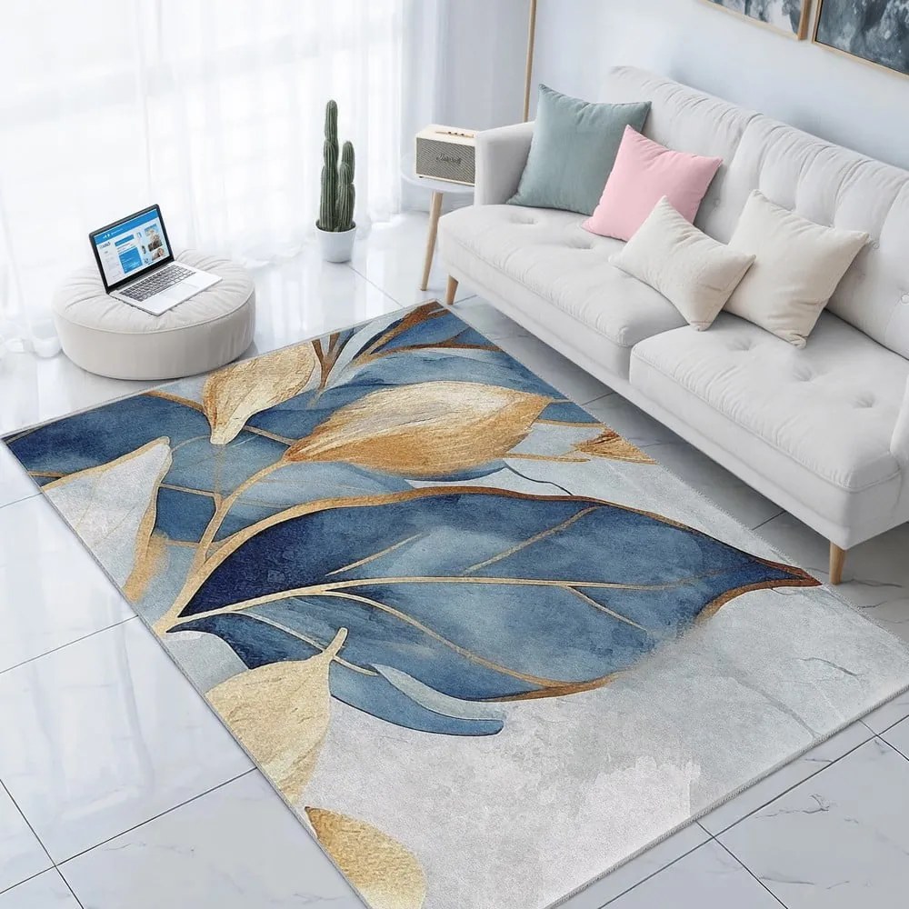 Kék-aranyszínű mosható szőnyeg 80x150 cm Golden Leaves – Mila Home