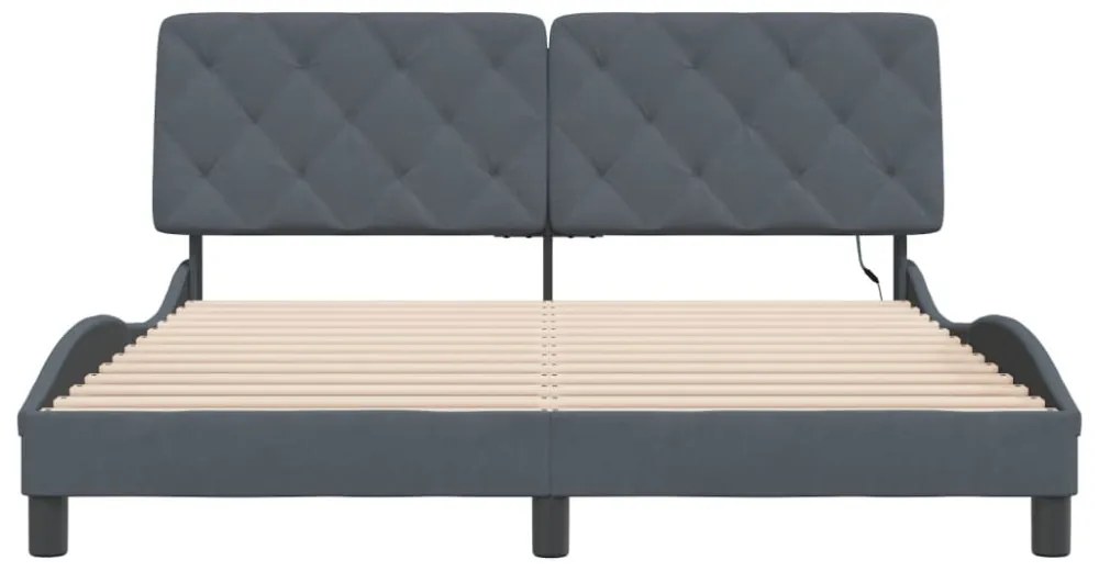 sötétszürke bársony ágykeret LED-ekkel matrac nélkül 160 x 200 cm