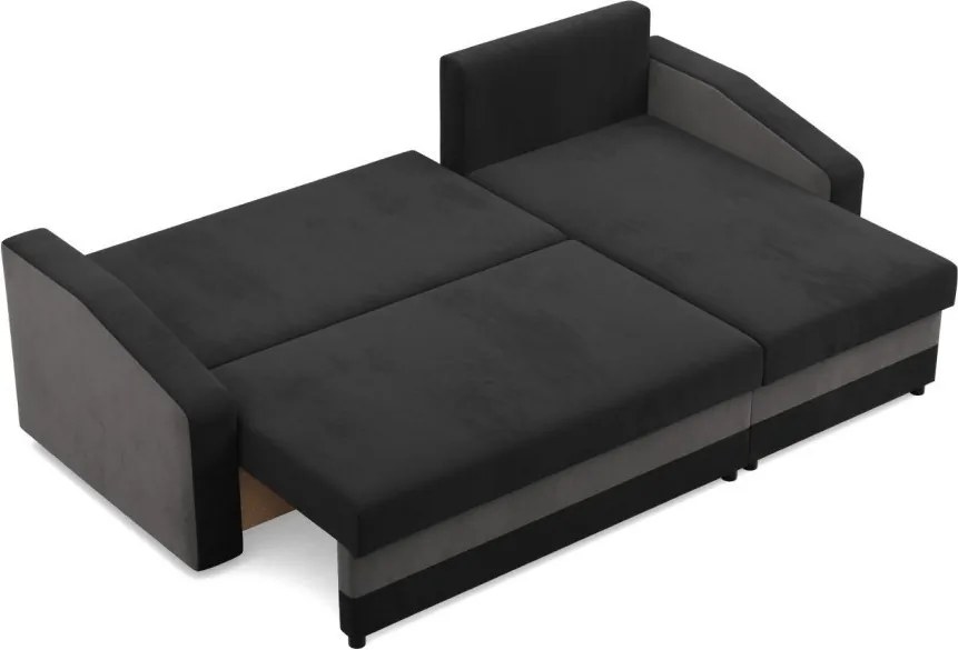 Hewlet sarokkanapé, 2 ágyneműtartóval, szövet anyag, univerzális oldal, bonell töltet, fekete - szürke