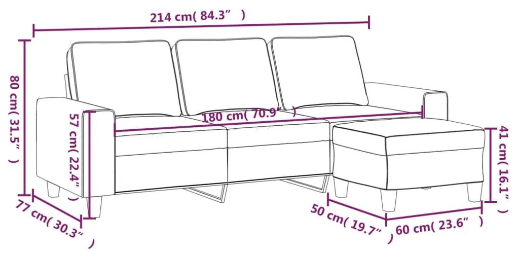 vidaXL 3 személyes fekete szövet kanapé lábtartóval 180 cm