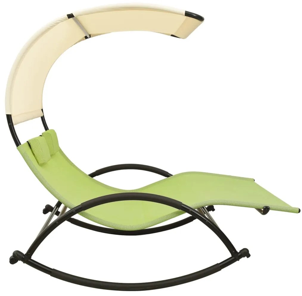 Zöld és krémszínű kétszemélyes textilén napozóágy napellenzővel